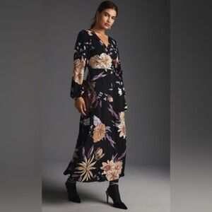 Hutch Long Sleeve Wrap Dress Black Motif with Floral Accents - 1X